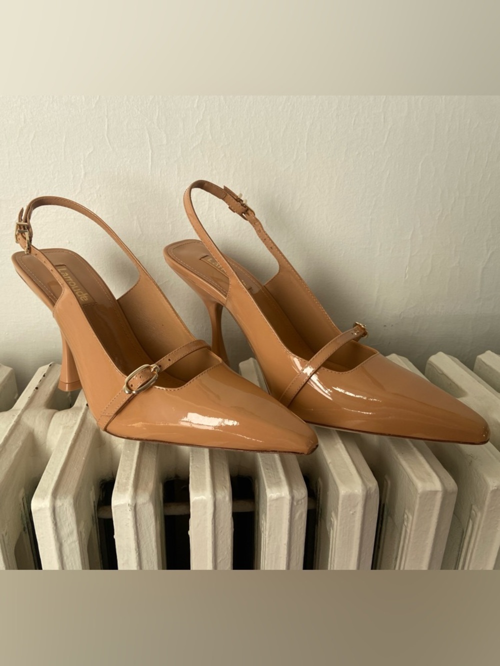 Larroude Patent Pointed Slingback Heels in Tan